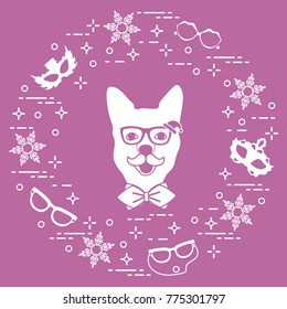 Muzzle of dog in carnival costume, masks, snowflakes, glasses, mustache, bow tie. Carnival festive concept. Costume for a party.