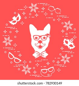 Muzzle of dog in carnival costume, masks, snowflakes, glasses, mustache, bow tie. Carnival festive concept. Costume for a party.