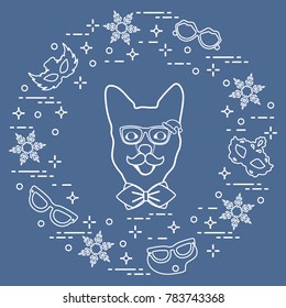 Muzzle of dog in carnival costume, masks, snowflakes, glasses, mustache, bow tie. Carnival festive concept. Costume for a party.