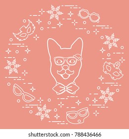 Muzzle of dog in carnival costume, masks, snowflakes, glasses, mustache, bow tie. Carnival festive concept. Costume for a party.