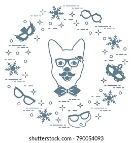 Muzzle of dog in carnival costume, masks, snowflakes, glasses, mustache, bow tie. Carnival festive concept. Costume for a party.