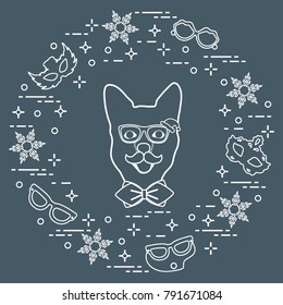 Muzzle of dog in carnival costume, masks, snowflakes, glasses, mustache, bow tie. Carnival festive concept. Costume for a party.