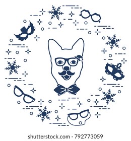 Muzzle of dog in carnival costume, masks, snowflakes, glasses, mustache, bow tie. Carnival festive concept. Costume for a party.