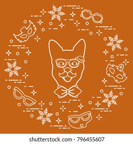 Muzzle of dog in carnival costume, masks, snowflakes, glasses, mustache, bow tie. Carnival festive concept. Costume for a party.