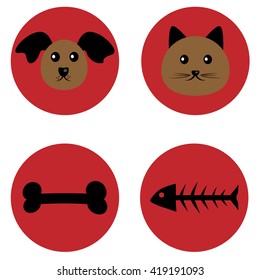 Muzzle of a dog and a cat and a treat. Bone and fish skeleton. Black and brown. The individual elements on a red background. Caricature.