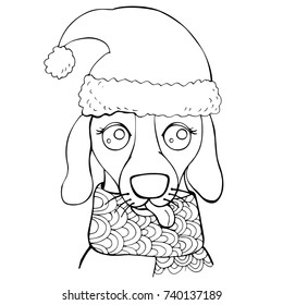 Muzzle of a dog in a hat and scarf. New Year page of coloring pages for children