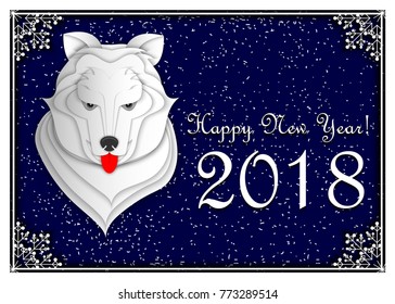 Muzzle of dog on winter background, symbol of new 2018 year. Design greeting card, banner, poster, cover for Chinese New Year. Paper cut out art style, vector illustration.