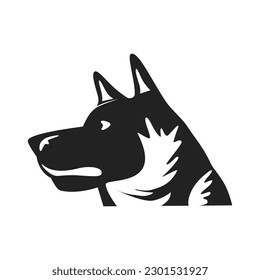 The muzzle of the dog. Silhouette of an animal's head. Line art. Black, linear, vector art. icon. Closeup. Used for prints, stickers, web design. 