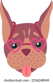 Muzzle of a dog wearing heart-shaped glasses. Pet, dog in pink glasses. Vector illustration for Valentine's Day