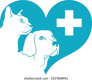Muzzle dogs and cats on a background of heart and medical cross