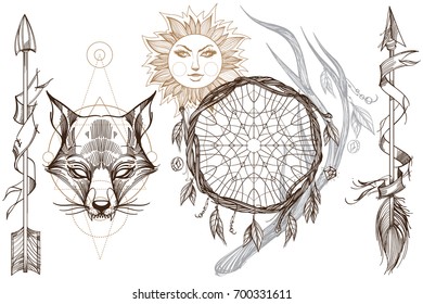 Muzzle fox illustration for creating sketches of tattoos, printing on clothes, design of posters and leaflets. A set of outline illustrations with sketches of tattoos.