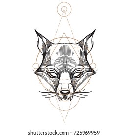 Muzzle fox illustration for creating sketches of tattoos, printing on clothes, design of posters and leaflets.