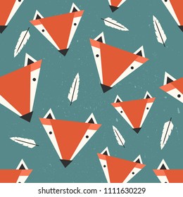 Muzzle of foxes, feathers, hand drawn backdrop. Colorful seamless pattern with muzzles of animals. Cute wallpaper, good for printing. Overlapping background vector. Design illustration, indians