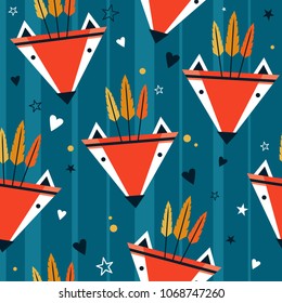 Muzzle of foxes with feathers, stars, hand drawn backdrop. Colorful seamless pattern with muzzles of animals. Wallpaper, good for printing. Overlapping background vector. Design illustration, indians