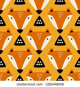 Muzzle of foxes, hand drawn backdrop. Colorful seamless pattern with muzzles of animals. Cute wallpaper, good for printing. Overlapping background vector. Design illustration