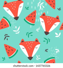 Muzzle of foxes, hand drawn backdrop. Colorful seamless pattern with muzzles of animals, watermelons, leaves. Cute wallpaper, good for printing. Overlapping background vector. Design illustration