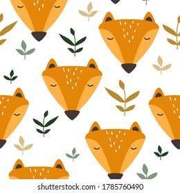 Muzzle of foxes, hand drawn backdrop. Colorful seamless pattern with muzzles of animals, leaves. Cute wallpaper, good for printing. Overlapping background vector. Design illustration