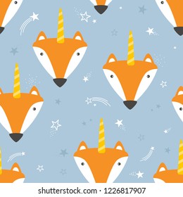 Muzzle of foxes are unicorns, stars, hand drawn backdrop. Colorful seamless pattern with muzzles of animals. Cute wallpaper, good for printing. Overlapping background vector. Design illustration