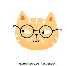 Muzzle of funny cute cat in glasses vector flat illustration. Portrait of clever feline character isolated on white background. Avatar of cheerful furry domestic animal. Adorable pet face