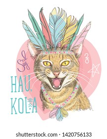 The muzzle of the ginger tabby cat In feather headdress screaming Indian greeting Hau kola. Hand-drawn meowing cat. Print for t-shirts, posters, bags and covers
