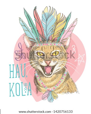 The muzzle of the ginger tabby cat In feather headdress screaming Indian greeting Hau kola. Hand-drawn meowing cat. Print for t-shirts, posters, bags and covers
