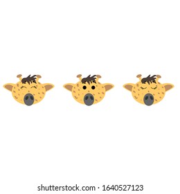 Muzzle of a giraffe with open and closed eyes isolated on white background. Stock vector illustration for decoration and design, postcards, fabrics, packaging, baby textiles, poster, banner, books.