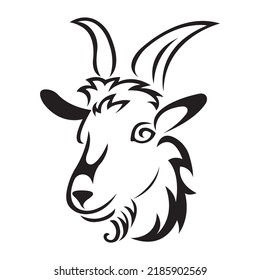 The muzzle of a goat is drawn in black with different lines in a flat style. Design suitable for animal logos, tattoos, decor, zoos, pet stores, badges, t-shirt printing. Isolated vector