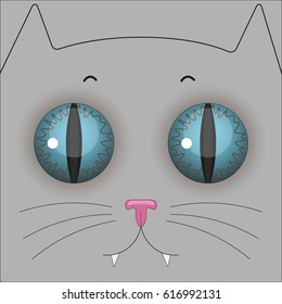 Muzzle of a gray cat with blue eyes