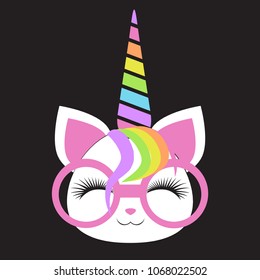 muzzle of a happy kitten with a rainbow horn and pink glasses. Can be used for baby t-shirt print, fashion print design, kids wear, baby shower celebration, greeting and invitation card