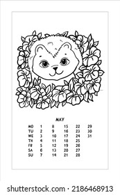 El bozal de un erizo entre las flores. Libro de Colores para niños. Ilustración vectorial aislada en fondo blanco. Calendario, mayo.