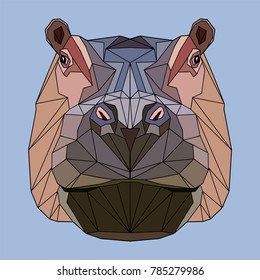 Muzzle of the hippopotamus in full-face. The head of an animal on a lilac background. Polygonal stylization. Vector illustration.