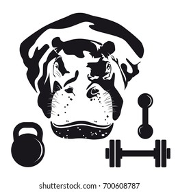 Muzzle of a hippopotamus. Sport. Dumbbells. Vector black and white illustration.