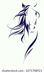 Muzzle of a horse in contours. Vector illustration of a muzzle of a horse with a mane fluttering in the wind. Sketch for creativity.