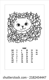 El bozal de un gatito entre las flores. Libro de Colores para niños. Ilustración vectorial aislada en fondo blanco. Calendario, mayo.