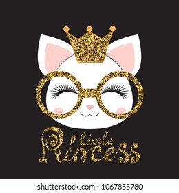 muzzle of a kitten girl with a gold crown and glasses with an inscription a little princess on black background Can be used for baby t-shirt print, fashion print design, kids wear, baby shower