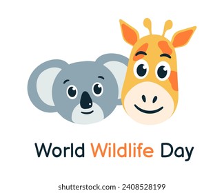 Muzzle of Koala, Giraffe. World Wildlife Day Text. Faces of Cute Wild Animals. Characters. Holiday card. Australian Zoo. Color image for Children. Vector illustration.