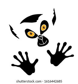 The muzzle of a lemur. Funny lemur looks right at you and waves his paws. Animal unusual interesting character for logo, icon, web design, print, form brand style. Isolated on white background.