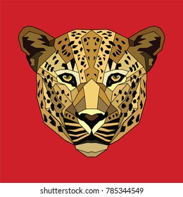 Muzzle of a leopard in full face on a red background. Polygonal stylization. Vector illustration.