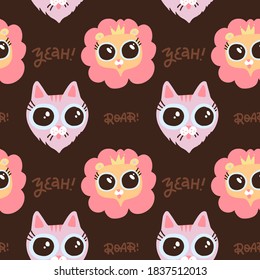 Muzzle of lion and cat. Seamless pattern with faces of animals. Decorative cute wallpaper, good for printing. Childish flat background vector. Design illustration with lettering roar, yeah