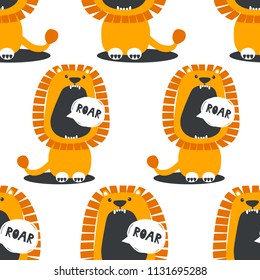 Muzzle of lions, hand drawn backdrop. Colorful seamless pattern with muzzles of animals. Decorative cute wallpaper, good for printing. Overlapping background vector. Design illustration, roar