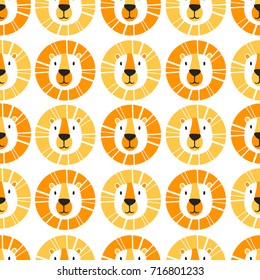 Muzzle of lions, hand drawn backdrop. Colorful seamless pattern with muzzles of animals. Decorative cute wallpaper, good for printing. Overlapping background vector