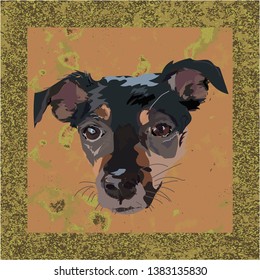 Muzzle of a little dog, a black-red puppy on a brown craft background. Frame in sandy-green spray.