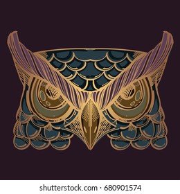 Muzzle of an owl illustration for creating sketches of tattoos, printing on clothes, design of posters and leaflets.