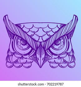 Muzzle of an owl illustration for creating sketches of tattoos, printing on clothes, design of posters and leaflets.