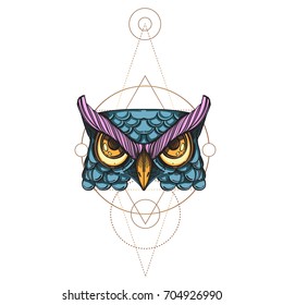 Muzzle of an owl illustration for creating sketches of tattoos, printing on clothes, design of posters and leaflets.