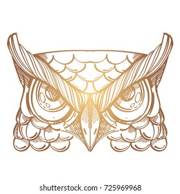 Muzzle of an owl illustration for creating sketches of tattoos, printing on clothes, design of posters and leaflets.