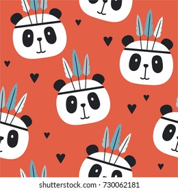 Muzzle of pandas with feathers, hand drawn backdrop. Seamless pattern with muzzles of animals, hearts. Wallpaper, good for printing. Overlapping background vector. Design illustration, indians