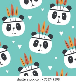 Muzzle of pandas and hearts, hand drawn backdrop. Colorful seamless pattern with muzzles of animals. Decorative wallpaper, good for printing. Overlapping background vector. Design illustration