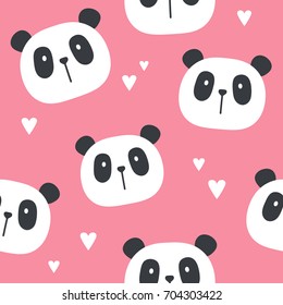 Muzzle of pandas and hearts, hand drawn backdrop. Colorful seamless pattern with muzzles of animals. Decorative wallpaper, good for printing. Overlapping background vector. Design illustration