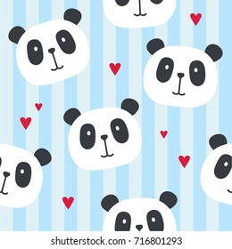 Muzzle of pandas and hearts, hand drawn backdrop. Colorful seamless pattern with muzzles of animals. Decorative wallpaper, good for printing. Overlapping background vector